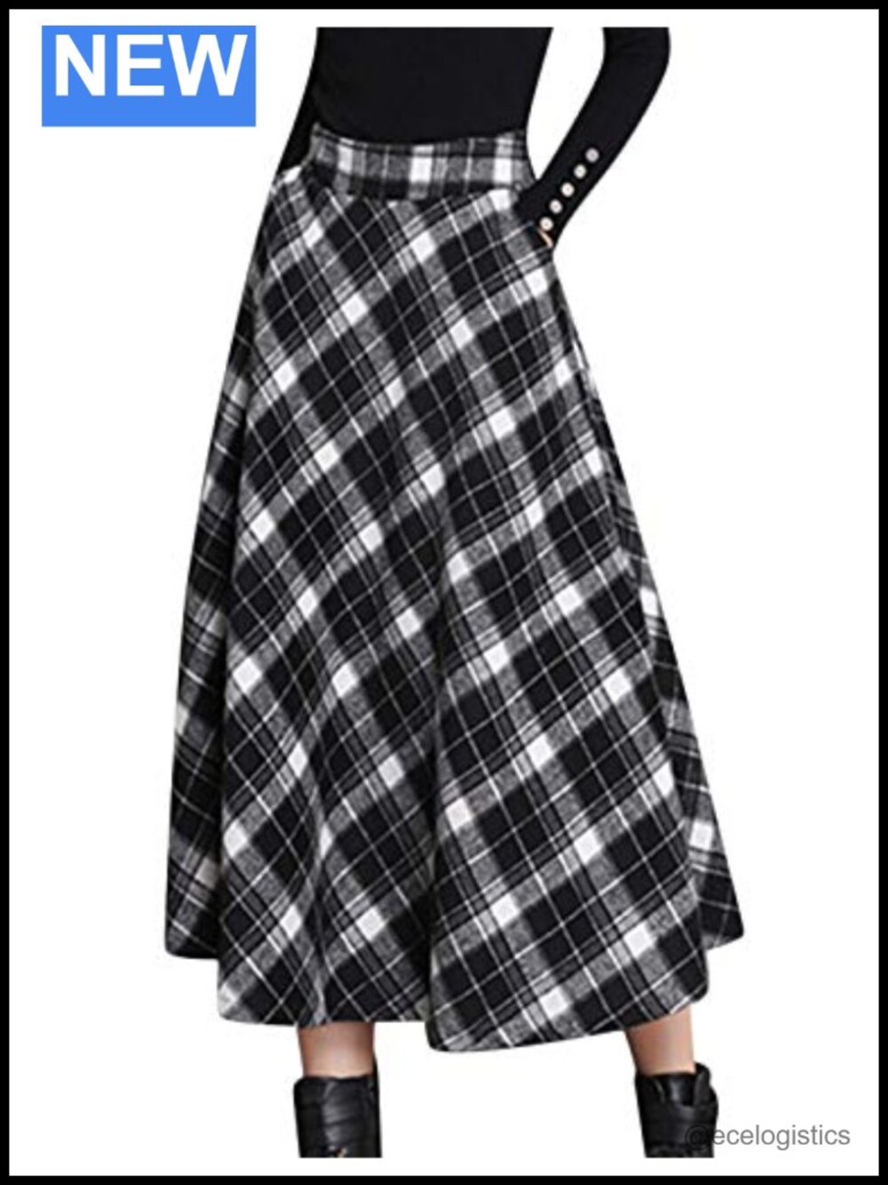Wool Blend Plaid A-Line Pleated Midi Skirt with Pockets